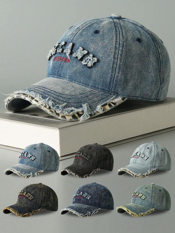 1pc Distressed American Vintage Washed Denim Baseball Cap With Letter, Wide Brim, Breathable, Adjustable Snapback Hat For Women, Casual Style