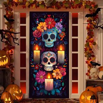 1 件 2D 涤纶骨架悬挂门帘旗，适用于万圣节、亡灵节和家居装饰 - 室内/室外使用，无需电力