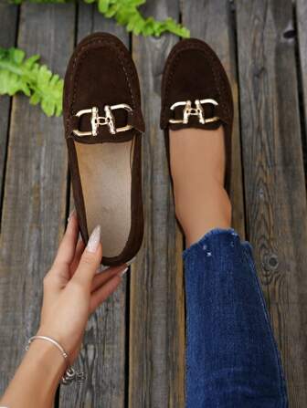 Women's Fashion Slip-On Loafers - Brown, With Gold Chain Decor, Rubber Sole, Comfortable All Season Shoes, Versatile Footwear. Fashionable Loafers With Rubber Sole