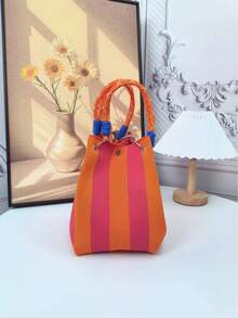 韩版大容量女士时尚手提包，文艺清新，结实耐用，手提包，购物袋，收纳袋，适合购物，旅行和收纳。个性化设计编织袋，送给朋友的绝佳礼物 - 玫紅色 - 查看 3