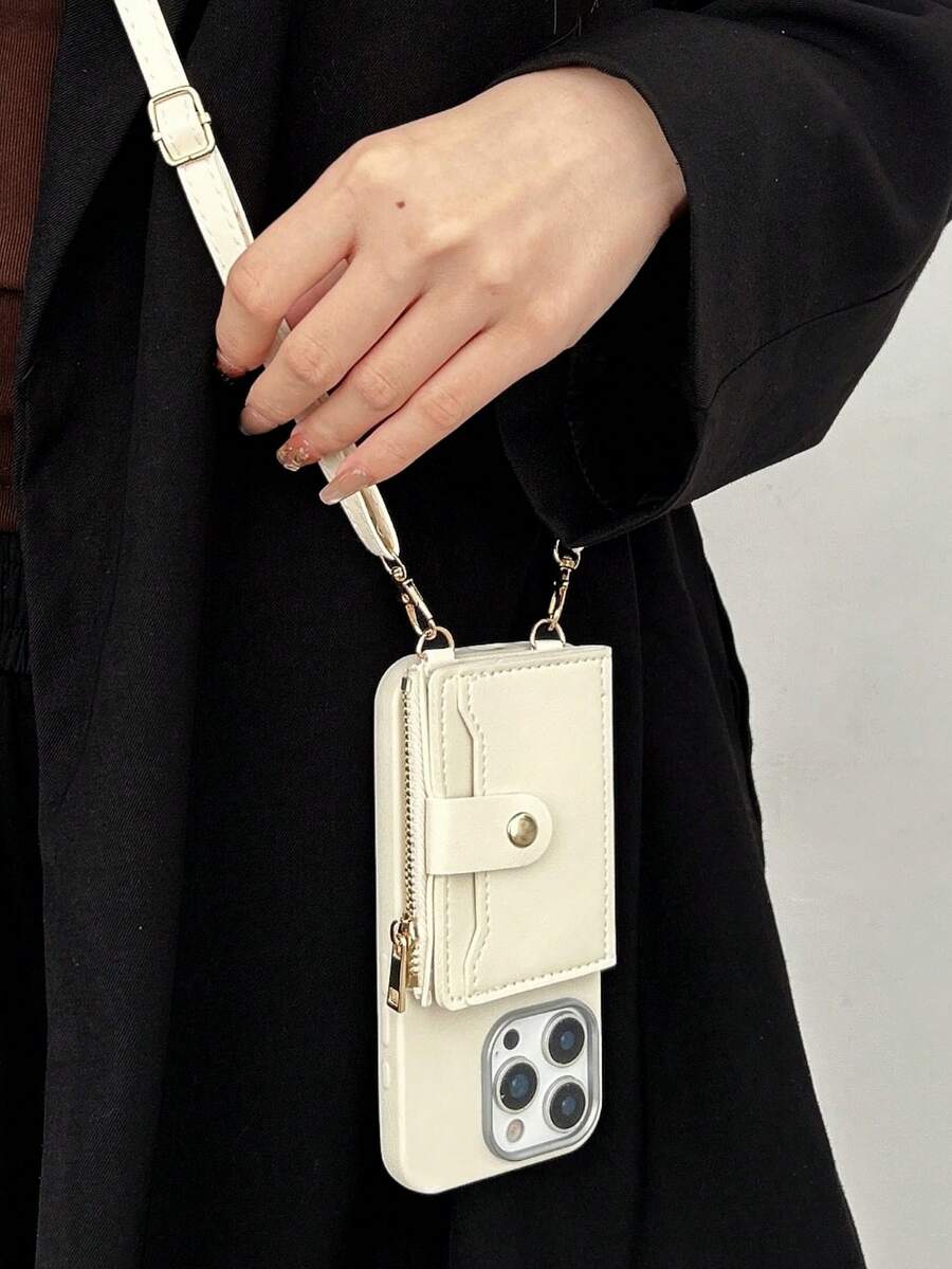 1 件奢华商务皮革卡袋钱包支架长斜挎挂绳手机壳适用于 16 15 14 13 12 11 Pro Max Plus 支架电镀相机 - 白色 - 查看 1