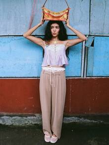 Womens Summer Tie Front Crop Tops Cute Ruffle Ruched Spaghetti Strap Tank Tops Y2K Going Out Shirts - 紫色 - 查看 2