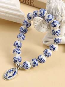 1pc Virgin Mary Letter Cross Geometry Star Heart Beaded Pendant Bracelet, Multicolor Natural Stone & Metal, Elegant For Party & Chinese Style
