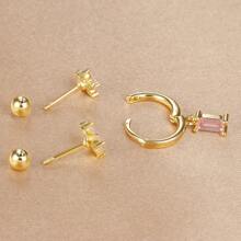 3pcs Square Pink Zirconia Flower Earrings Set For Women 18K Gold Plated Stainless Steel And Copper Helix Screw Cartilage Piercing Party Jewelry Accessories Valentines,Mom,Mother,Mother's Day,Gift