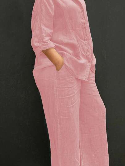 春、夏、秋季 Polo 领休闲开衫，百搭纯色优雅衬衫上衣，适合海滩、日常、通勤、工作、购物，面料柔软，松紧腰身宽松裤，2 件套