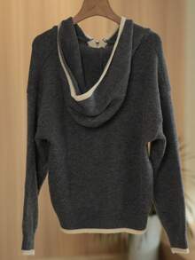 JIANHU Casual Zip Up Knit Hoodie With Contrast Trim, Relaxed Fit Fall Winter Essential