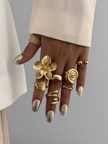 8 件套复古光滑素色戒指，波西米亚海星戒指，时尚花朵和水滴设计戒指，适合女性日常佩戴和派对装饰，节日礼物 - 金黃色 - 查看 3