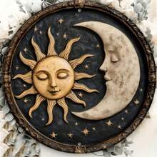1 pieza Letrero de metal vintage con sol y luna - 8x8 pulgadas, decoración wicca y gótica, adecuado para el hogar, la puerta, el jardín, el refugio del hombre, ideal como centro de corona y regalo único, colocación aleatoria de orificios en la parte superior, inferior, izquierda o derecha