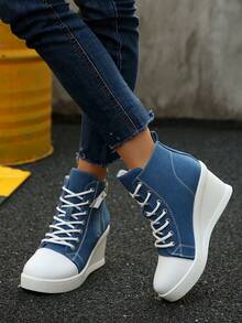 New Wedge Heel Thick Sole Hidden Height Women's Shoes, Side Zipper Design Daily Versatile Casual Shoes - Blue - View 6