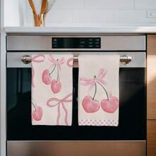 2 件浪漫粉色格子蝴蝶结和樱桃图案厨房巾，15.75 * 23.62 英寸（40 * 60 厘米）超柔软吸水超细纤维洗碗巾、手巾、洗碗布、家居装饰、厨房装饰、烹饪烘焙茶巾、清洁用品，适用于餐厅、厨房、节日装饰和礼品，所有季节