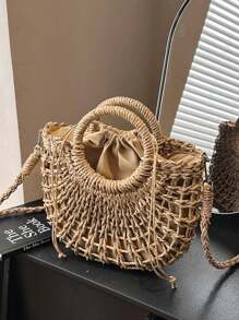 1 pieza Bolso bandolera semicircular tejido con cordón para mujeres, bolso de tote de moda para vacaciones adecuado para viajes y compras diarias, bolso de playa llamativo para el verano, bolso de playa de paja de verano para mujeres