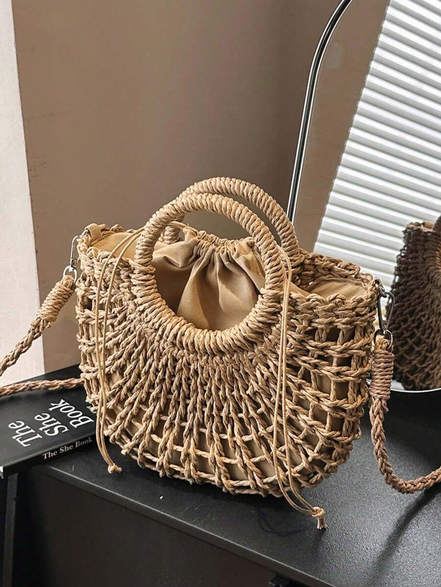 1 pieza Bolso bandolera semicircular tejido con cordón para mujeres, bolso de tote de moda para vacaciones adecuado para viajes y compras diarias, bolso de playa llamativo para el verano, bolso de playa de paja de verano para mujeres