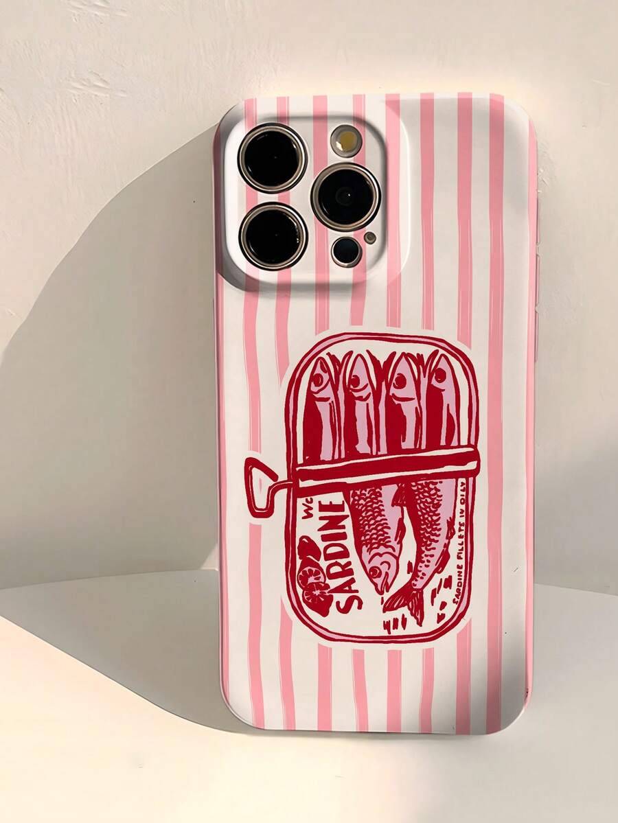 1 pieza Funda rígida de material PC con diseño de pintura de caricatura simple, patrón de sardina rayado perforado y acabado brillante, compatible con iPhone 11/12/13/14/15/16 Pro Max, resistente al agua, a los golpes y a los arañazos - Multicolor - Ver 1