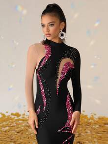 Love Aing Women's Handmade Rhinestone & Colorful Diamond Mesh Splice Slit Contrast Color Elegant Sexy Fitted Cocktail Party Dress, Suitable For Wedding Guest