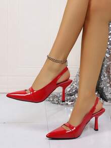 大码女士高跟鞋，春夏新款尖头高跟鞋，性感细高跟红色漆皮高跟鞋，系带凉鞋，后系带高跟鞋，时尚一脚蹬高跟凉鞋 - 酒紅色 - 查看 5