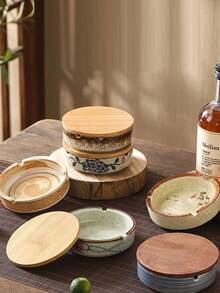 Ink Painting Ashtray, Ceramic Ashtray, Ashtray With Lid And Base, Anti Fly Ash Circular Ashtray, Thick And Easy To Clean, Japanese Mid To High End Ashtray, Retro Tea Room Ashtray, Creative Ashtray, Suitable For Home Living Rooms, Hotel Restaurants, And Tea Rooms - Multicolor - View 4