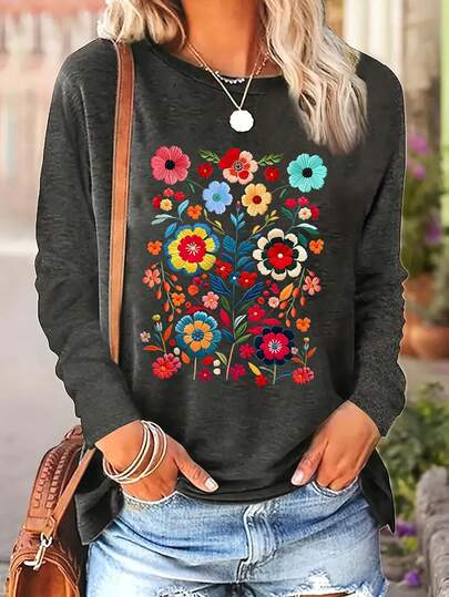 Women's Stylish Casual Round Neck Long Sleeve T-Shirt, Floral Pattern Top, Suitable For Autumn Daily Wear,Graphic Tees Women