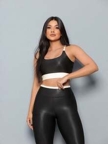 Premium Suplex Fitness Set With Pants And Non-Transparent Cup Top, Fitness Gym Clothing Kit, High Compression Leggings - 黑色 - 查看 4