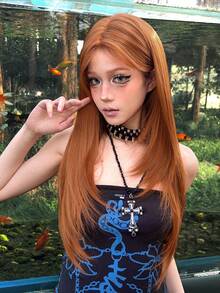 alicegarden Forehead Lace 4 * 1, Forehead Lace Straight Wig, Dirty Orange 28 Inch Daily Natural Semi Woven, Natural Daily Use Realistic Wig