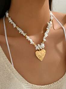 1pc Summer Boho White Natural Stone CCB Handmade Beaded Choker Necklace With Liquid Heart Alloy Pendant, Fashion Versatile Suitable For Daily, Vacation, Party, Date Wear. The Shape And Size Of The Stones Are Random.