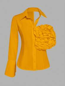 Women's Solid Color Ruffle Hem Elegant Blouse With Design Element Summer - Yellow - View 4