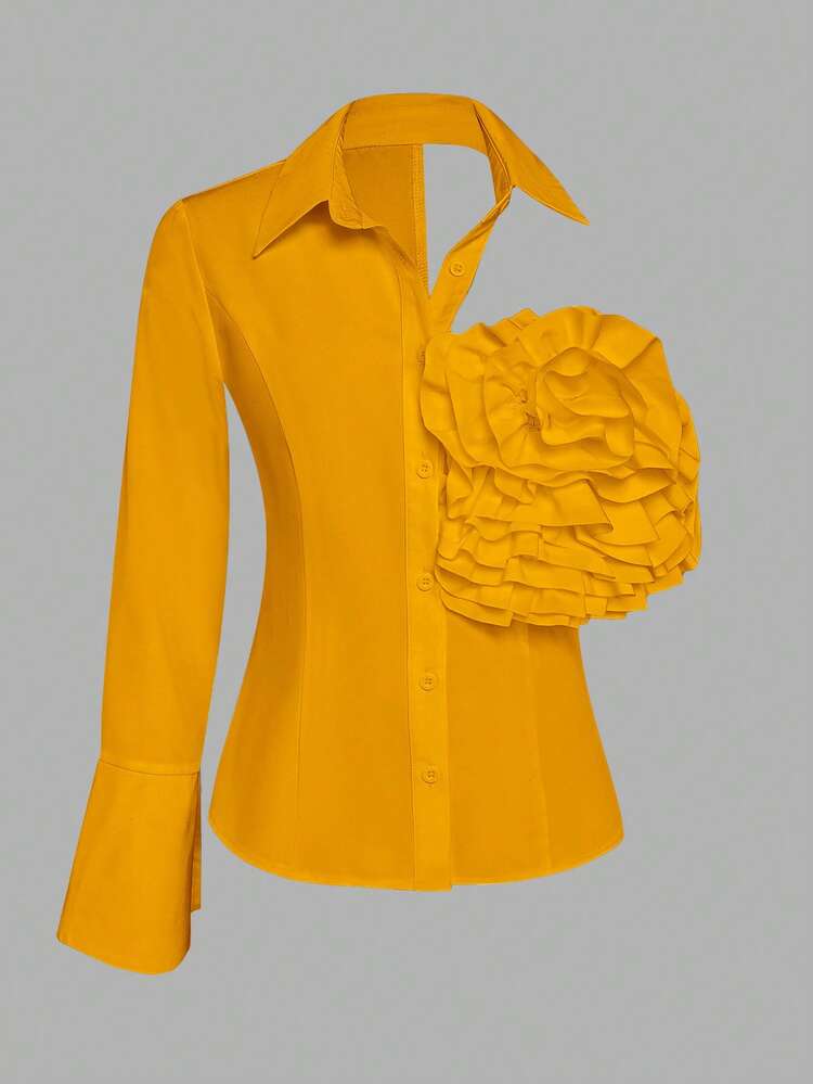 Blusa elegante de mujer con un elemento de diseño y dobladillo de volantes de unicolor - Amarillo - Añade 3