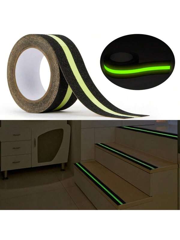 Cinta antideslizante resistente con tiras fluorescentes para escaleras, interior y exterior, impermeable, segura y antideslizante en rollo para peldaños de escaleras, tracción y agarre en escaleras (1.97 pulgadas x 197 pulgadas, Negro), para escaleras, patios, entradas, escaleras, scooters.