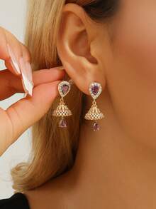 1 par de lujosos pendientes de cobre con forma de lágrima y circonita cúbica, un elegante y versátil jhumki con borlas, ideal para uso diario, festivales, bodas y fiestas. Ideal como regalo de joyería. - multicolor - Ver 5