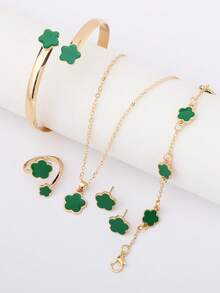 6 قطع/مجموعة سوار، قلادة، أقراط، أسورة وخاتم بتصميم وريقات البرسيم الخماسية المباركة، مجوهرات خضراء فاخرة للاستخدام اليومي والحفلات - أخضر - مشاهدة 4
