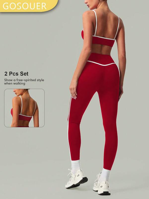 GOSOUER 2 PCS CO Ord Set Spring And Summer Women Fashion White Line Yoga Sports Bra And Legging