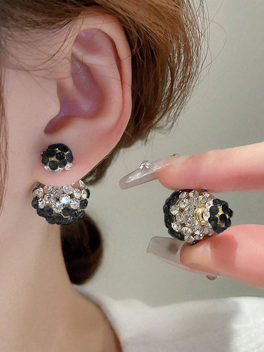 1 Pair Elegant Front & Back Rhinestone Stud Earrings, Gift For Women