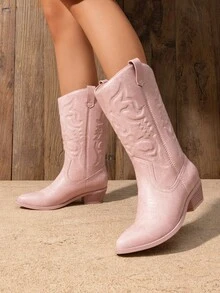 Women'S Cowboy Western Boots Point Toe Pull On Cowgirl Boots  Embroidered Detail Chunky Heeled Back To School Music Festival  Matching Dress Mid Calf Pink Boots - 淺粉色 - 查看 3
