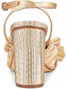 Womens Heeled Sandals Pleated Bow Knot Ankle Strap Open Toe High Block Chunky Heels Sandals Bridal Wedding Dress Shoes Pumps - A金(3.14吋) - 查看 3