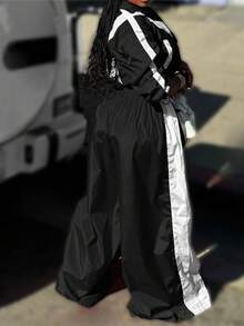 2pcs Set Woven Patchwork Loose Casual Sports Top Jacket With Zipper Pockets And Wide Leg Pockets Pants Suit Black Vacation Spring - Black - View 4