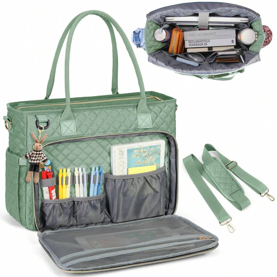 Teacher Tote Bag 15.6 Inch Laptop Bag For Women Work Bag Laptop Tote Nurse Bag Professional Computer Messenger Bag With Insulated Pocket, Laptop Briefcase For Office, College, Nursing - 薄荷綠 - 查看 1