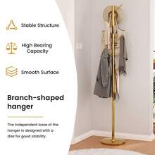 Guyii Metal Coat Rack With 8 Hooks, Modern Tree Branch Style Stand For Coats, Hats, Scarves, Sturdy Floor Clothing Organizer For Entryway, Living Room, Bedroom, Office - 金色 - 查看 8
