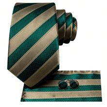 Olive Golden Striped 3pc/Set Mens Tie Hanky Cufflinks Necktie Set Formal Party Prom Dinner Ideal Gift Wedding Office - 橄欖綠 - 查看 5
