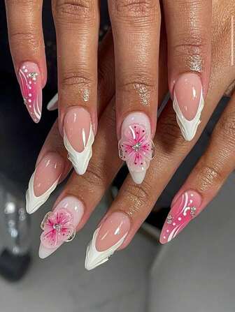 10 件甜美风格粉色花朵长杏仁形按压指甲，纯手工白色裸色双色法式假指甲，粉色花朵形状搭配闪亮钻石装饰，清新浪漫，适合夏季、婚礼、派对、日常生活，非常适合赠送给女士和女孩的礼物