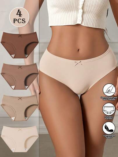 4pcs Set Seamless Low Waist Panties Sexy Bow Underwear Women Solid Color Comfortable Breathable Panty Yoga Sports Briefs Smooth Feeling Underpants For Women