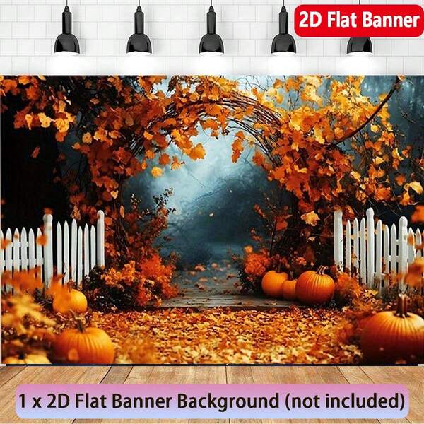 1 Piece 2D Flat Banner - Autumn Maple Leaves With White Fence Enclosure Photography Background With Pumpkins - Thanksgiving Harvest Party Banner For Wedding, Birthday, Holiday Decorations, No Power Required, 2D Design, Indoor And Outdoor Use, Home Autumn Decoration, Cozy And Festive Atmosphere