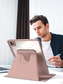适用于 iPad 第 5/6/7/8/9/10/11 代、iPad Mini 第 6/7 代、iPad Air 第 1/2/3/4/5 代、11 英寸 (M2)/11 英寸 (M3)/13 英寸 (M2)/13 英寸 (M3)、iPad Pro 12.9 英寸（第 3/4/5/6 代）的 360° 旋转保护套，带笔槽 - 粉色