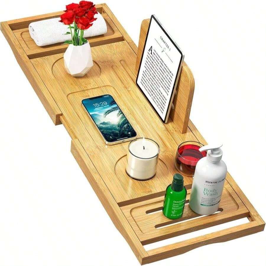 Bathtub Tray Caddy - Bath Tray - Bath Tub Tray Caddy - Bamboo Bath Tray For Tub - Expandable Size, Fits Most Tubs