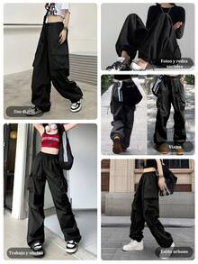 Pantalón largo cargo para dama, pantalones cargo jogger de alta elasticidad y pantalones casuales sólidos para mujer, estilo urbano con cintura alta y cordón ajustable, pierna ancha y bolsillos grandes, en color negro o gris, cómodos, elásticos y ligeros - Negro - Ver 9