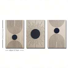 三联框帆布墙画，百搭墙饰，适用于任何房间 - 时尚木框，日月图案，木纹艺术印刷，简约风格，黑色，彩虹线条，酒吧、客厅、咖啡馆、家居和宿舍墙面装饰 - 彩色 - 查看 7