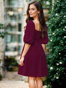 Vestido Corto de Escote Cuadrado con Manga Abullonada Casual para Mujer - Rojo violeta - Ver 2