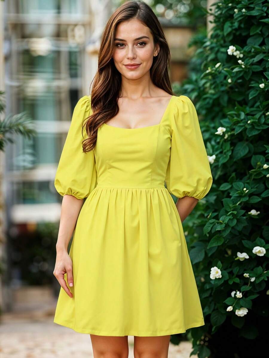 Vestido Corto de Escote Cuadrado con Manga Abullonada Casual para Mujer - Amarillo - Ver 1