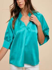Womens Casual Satin Blouse Elegant Loose Fit Draped V Neck Top Chic Oversized Dolman Sleeve Office Workwear Modern Professional Turquoise Three Quarter Length Sleeves Evening Party Night Out Date - EMERALD - 查看 2