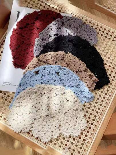 1 件优雅纯色钩针编织便帽，适合春秋季节、休闲、派对，非常适合节日庆祝，时尚头饰，轻便帽子