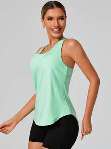 Women's Sleeveless Muscle Tank Top, Loose Fit Workout Top For Hiking, Running, Gym, Yoga, Summer - Green - View 3