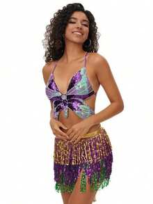 2pcs Set Glitter Fringe Strap Dress For Belly Dancing, Latin Dance, Stage Performance, Competition - 彩色 - 查看 26